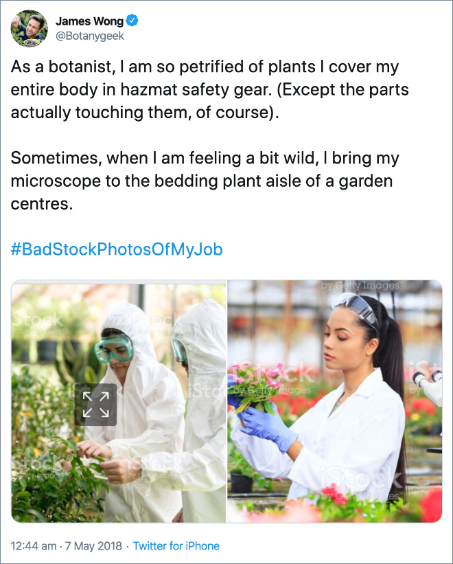 Como botánico, estoy tan petrificado de plantas que cubro todo mi cuerpo con equipo de seguridad Hazmat. (Excepto, por supuesto, las partes que los tocan).
