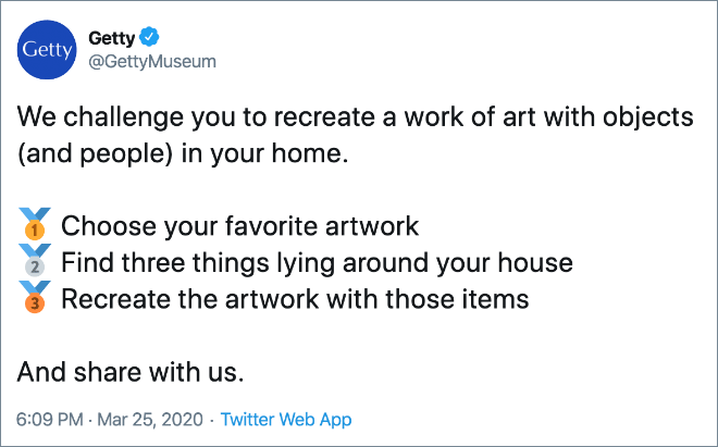 Te retamos a recrear una obra de arte con objetos (y personas) en tu hogar.