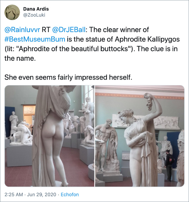 El claro ganador de #BestMuseumBum es la estatua de Afrodita Kallipygos (lee: "Afrodita de nalgas hermosas"). La pista está en el nombre. "Ancho =" 660 "altura =" 705
