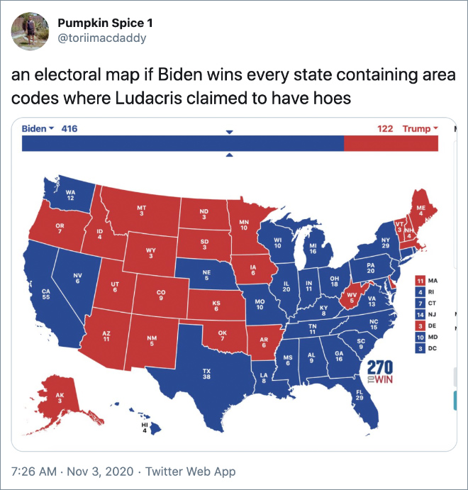 un mapa electoral si Biden gana todos los estados que contienen códigos de área donde Ludacris afirmó tener azadas