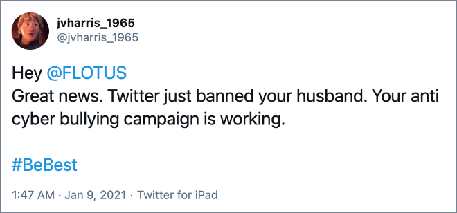Buena noticia. Twitter acaba de prohibir a su marido. Tu campaña contra el ciberacoso está funcionando.
