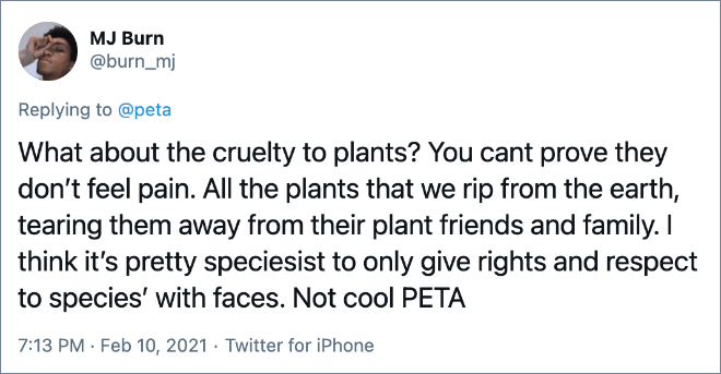 ¿Qué pasa con la crueldad hacia las plantas? No puedes probar que no sienten dolor. Todas las plantas que arrancamos de la tierra, alejándolas de sus amigos y familiares. Creo que es bastante especista dar solo derechos y respeto a las especies con rostro. No es genial PETA