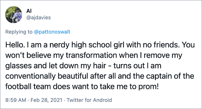 Hola. Soy una chica de secundaria nerd sin amigos. No creerás mi transformación cuando me quito las gafas y me suelto el pelo; después de todo, resulta que soy convencionalmente hermosa y el capitán del equipo de fútbol me quiere. 39; ¡llévala al baile de graduación!