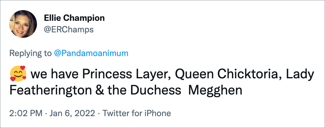 tenemos a Princess Layer, Queen Chicktoria, Lady Featherington y Duchess Megghen