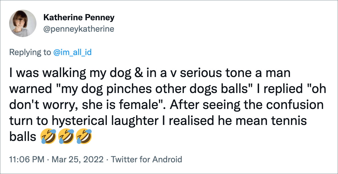 Estaba paseando a mi perro y en tono serio un hombre me avisó "mi perro pellizca las pelotas de otros perros" Respondí "oh no te preocupes es una mujer".  Después de ver que la confusión se convirtió en una risa histérica, me di cuenta de que se refería a pelotas de tenis.