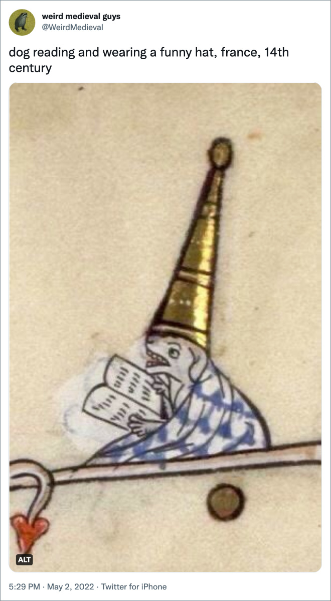 perro leyendo y con un sombrero gracioso, Francia, siglo XIV
