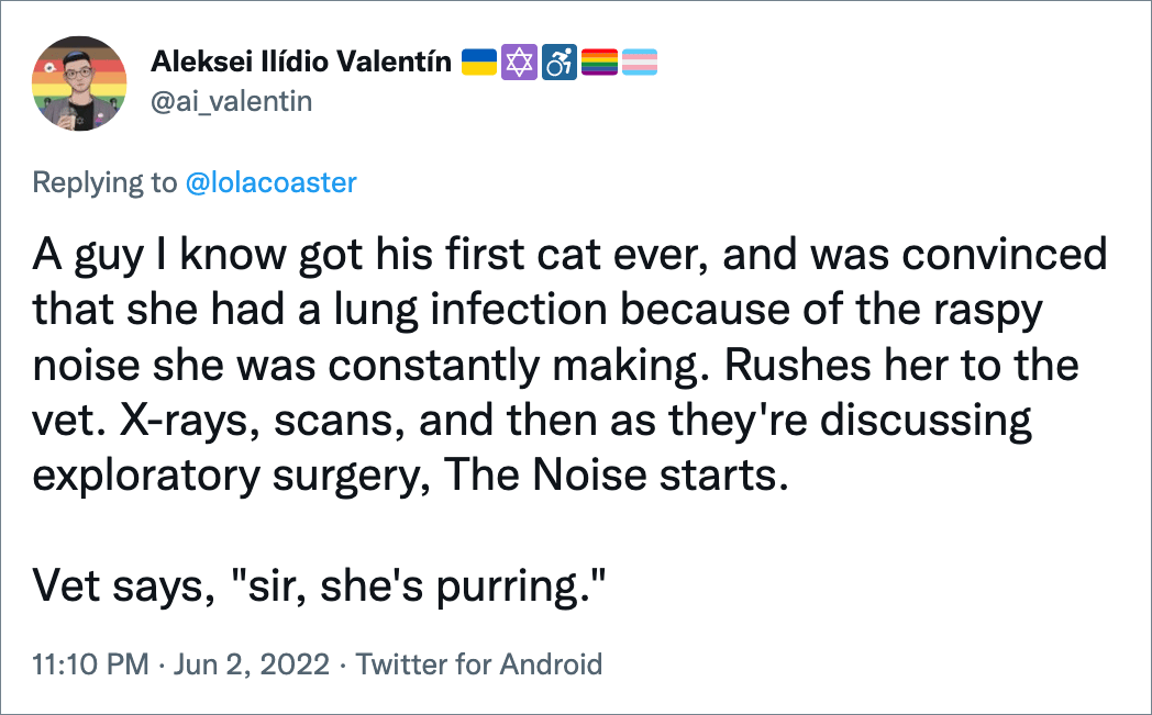 Un chico que conozco tuvo su primer gato y estaba convencido de que tenía una infección pulmonar por el ruido áspero que hacía constantemente.  Llévalo al veterinario.  Rayos X, escaneos, luego, mientras discuten la cirugía exploratoria, comienza The Noise.  El veterinario dice, "señor, ella está ronroneando."