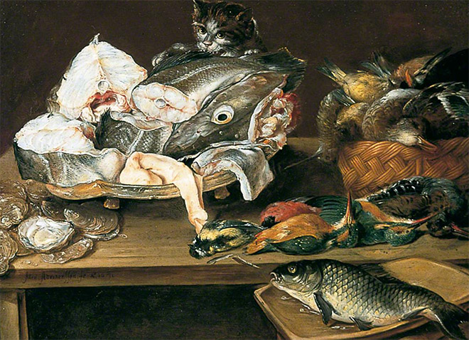 Bodegón con pez y gato de Alexander Adriaenssen, 1631