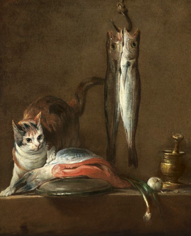Bodegón con gato y pez de Jean Baptiste Siméon Chardin, 1728