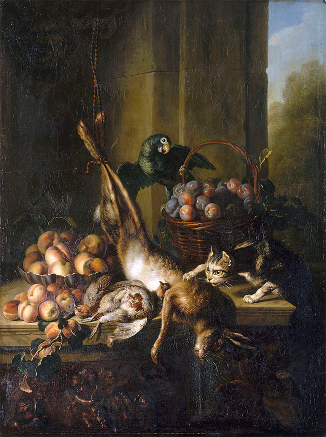 Bodegón con loro y liebre muerta de Alexandre-François Desportes, siglo XVIII