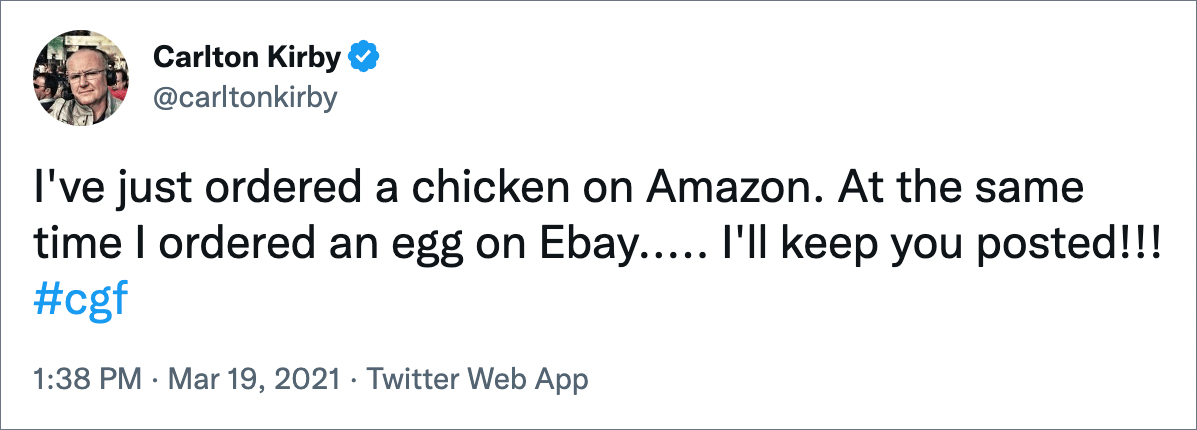 Acabo de pedir un pollo en Amazon.  Al mismo tiempo pedí un huevo en Ebay..... Te lo haré saber!!!