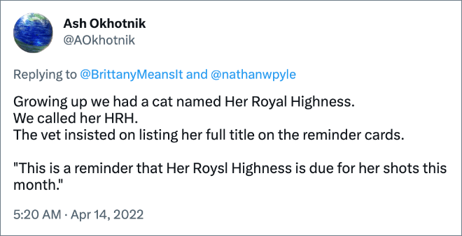 Al crecer, tuvimos un gato llamado Su Alteza Real.  La llamamos SAR.  El veterinario insistió en poner su título completo en las tarjetas de recordatorio. "Este es un recordatorio de que Su Alteza Roysl debe recibir sus vacunas este mes."