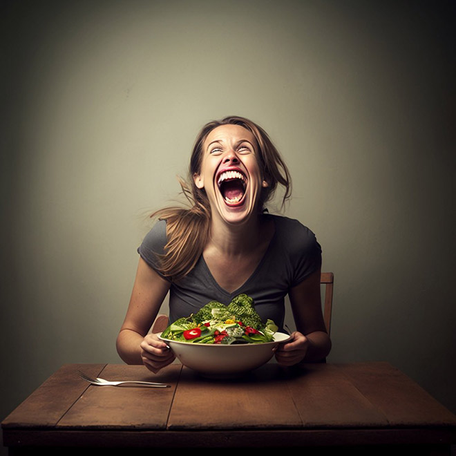 Imagen generada por Ai de una mujer riendo sola con ensalada.