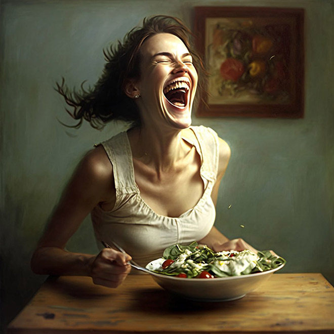 Imagen generada por Ai de una mujer riendo sola con ensalada.