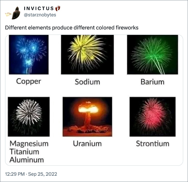 Diferentes elementos producen fuegos artificiales de diferentes colores.